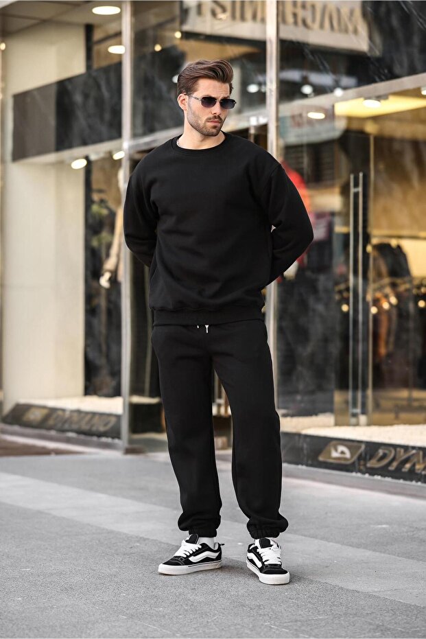 Siyah Bisiklet Yaka Basic Eşofman Takımı E7329 - 2