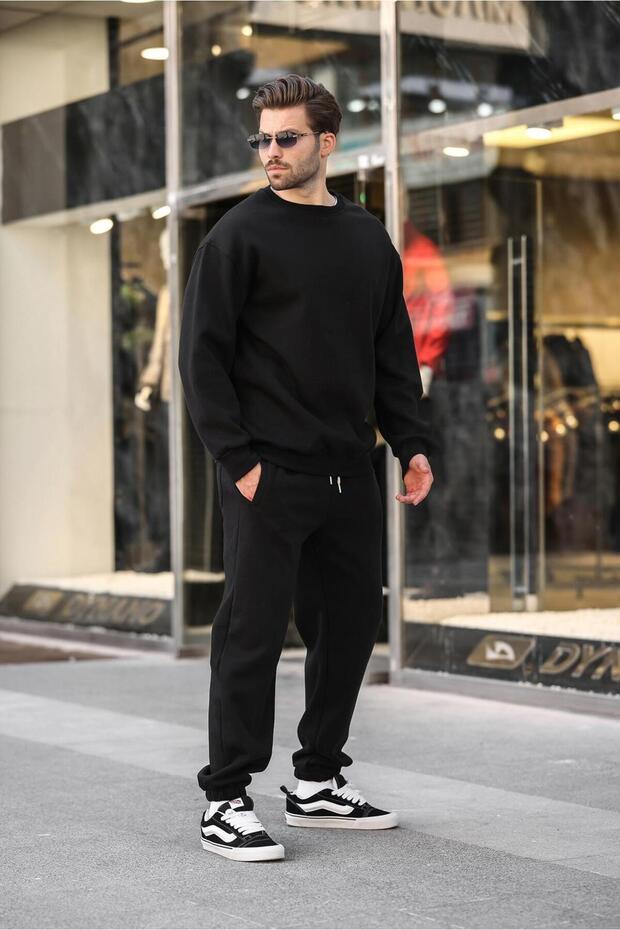 Siyah Bisiklet Yaka Basic Eşofman Takımı E7329 - 1