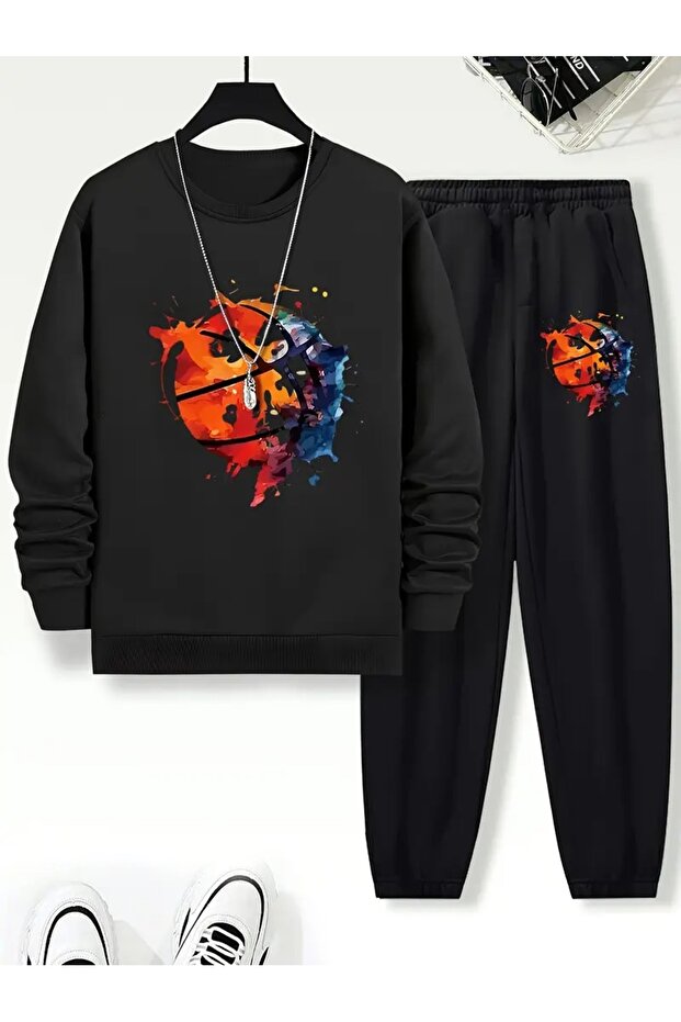 Children's Printed Crew Neck Sweatshirt and Sweatpants Set 3 Thread Raster for Autumn/Winter