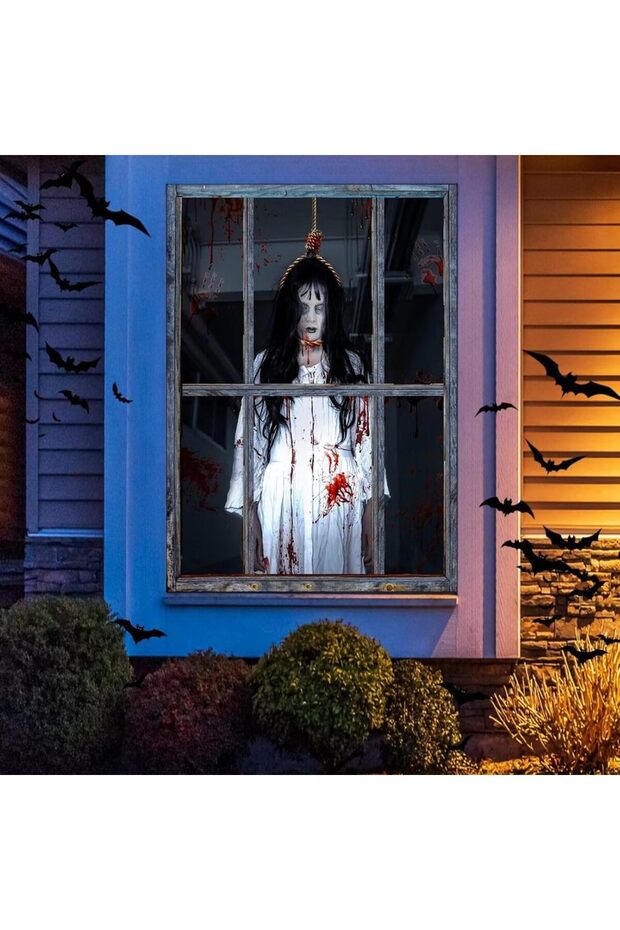white Halloween Window Cover Decorations - Scary Fabric Clings, Creepy Door Silhouette Curtain Poste