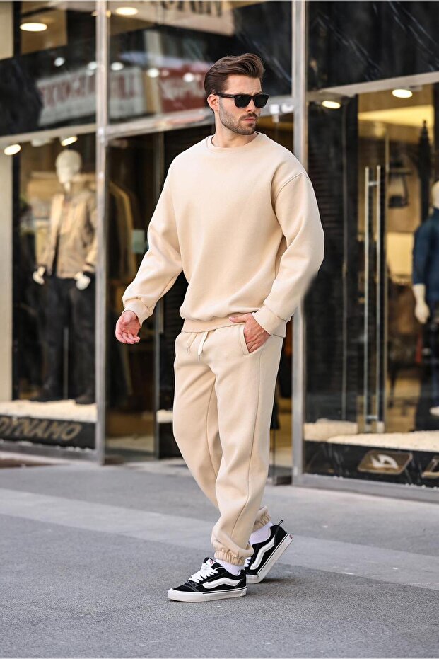 Bej Bisiklet Yaka Basic Eşofman Takımı E7329 - 1