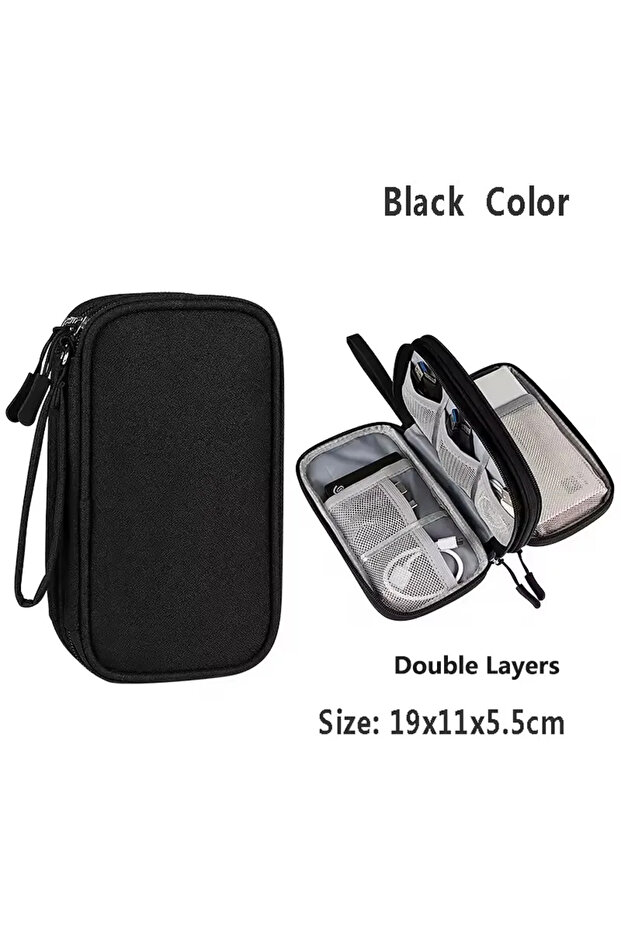 حقيبة كابلات سفر زرقاء مزدوجة الطبقات حقيبة تخزين رقمية محمولة شاحن كابل بيانات حقيبة USB Organi