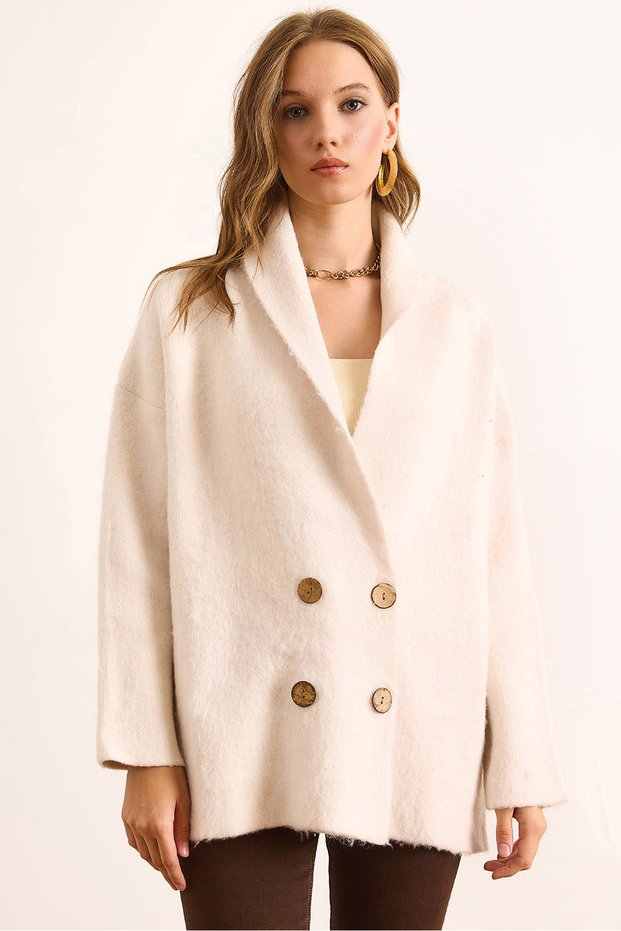Women's Ecru Double-Breasted Collar Oversized Ribbed Knitwear Cardigan Hrk-19000381