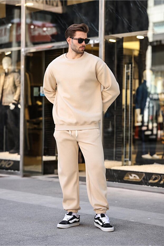 Bej Bisiklet Yaka Basic Eşofman Takımı E7329 - 2