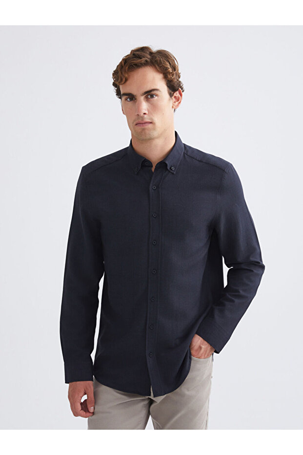 Navy Blue Regular Fit Long Sleeve Dobby Men's Shirt