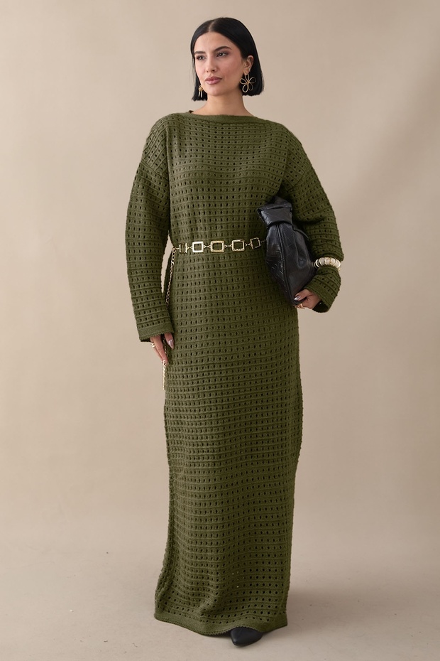 Ajurlu Haki Triko Elbise - 1