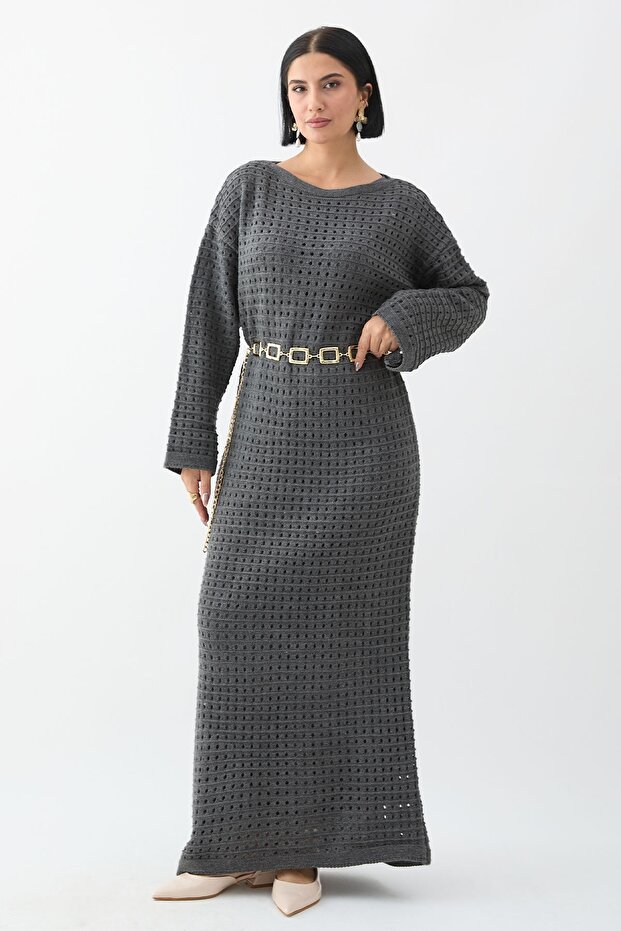 Ajurlu Antrasit Triko Elbise - 1