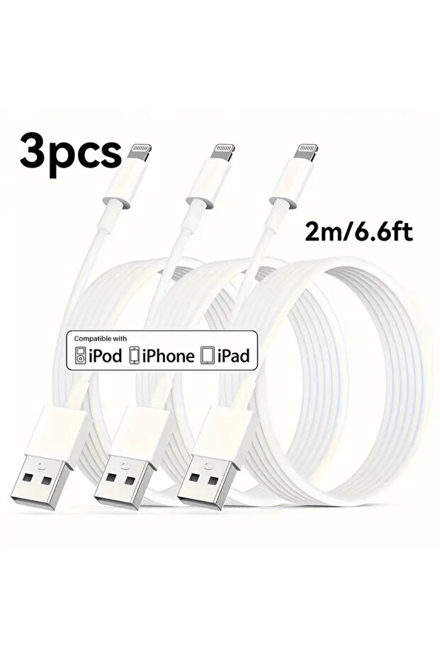 كابل شحن USB A إلى Lightning معتمد من MFi، أبيض اللون، 1 متر، 3 قطع، مصنوع من مادة TPE لشواحن آيفون