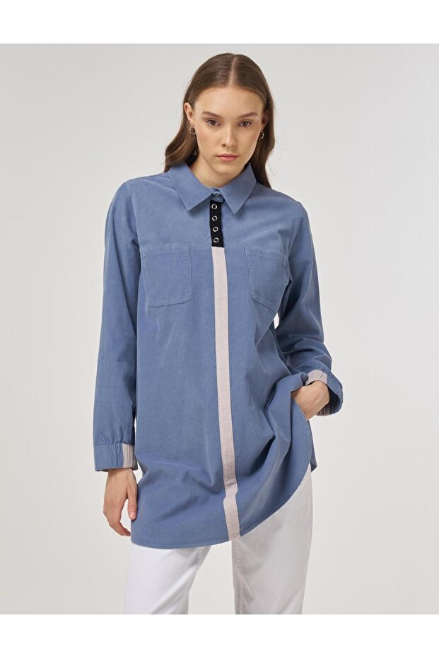 Gömlek Yaka Kadife Tunik İndigo - 1