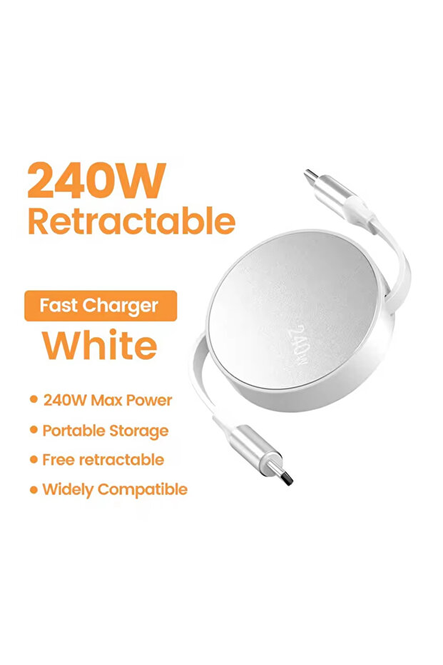 Type-C to Type-C 1m WHITE USB-C to USB-C Retractable PD240W Fast Charging Type-C Data Cable 1M Mobil