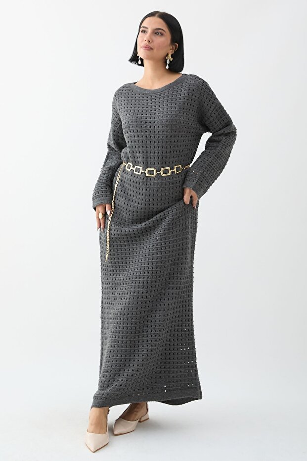 Ajurlu Antrasit Triko Elbise - 3