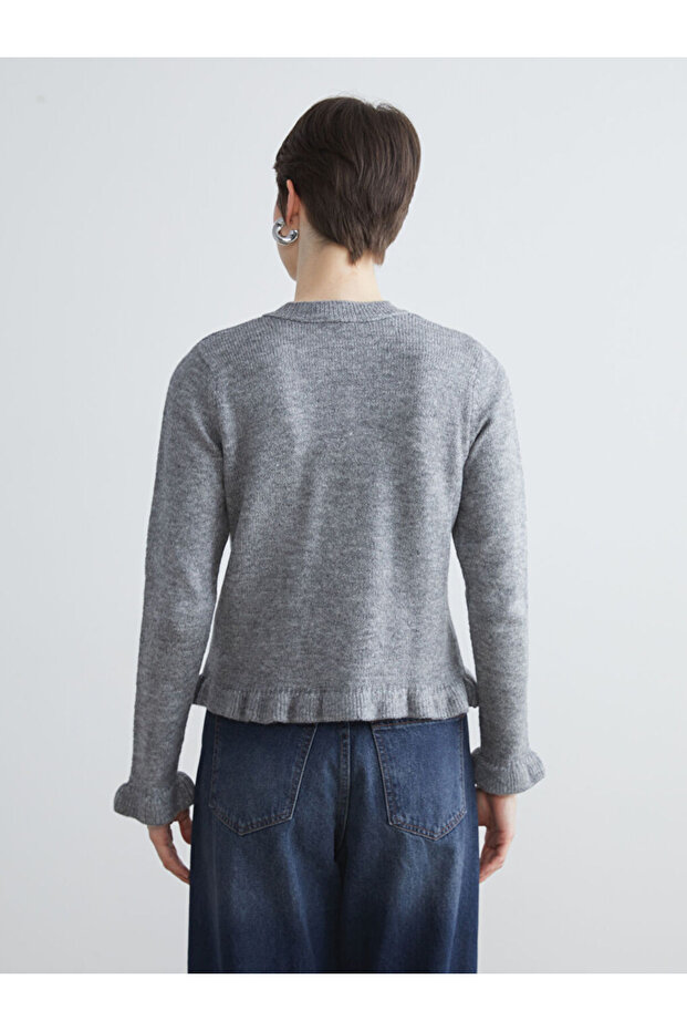 Gri Bisiklet Yaka Kadın Triko Hırka - 4