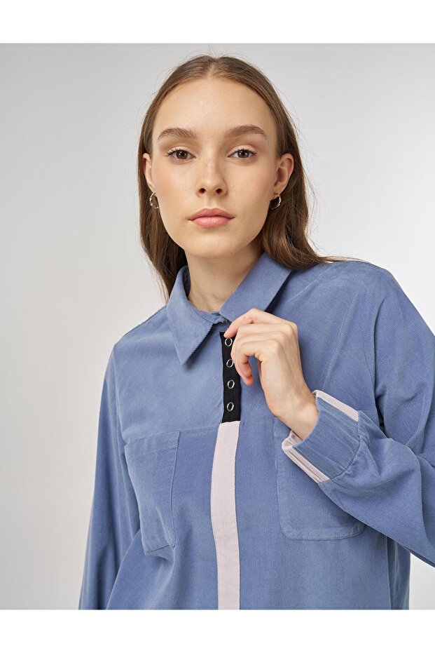 Gömlek Yaka Kadife Tunik İndigo - 7