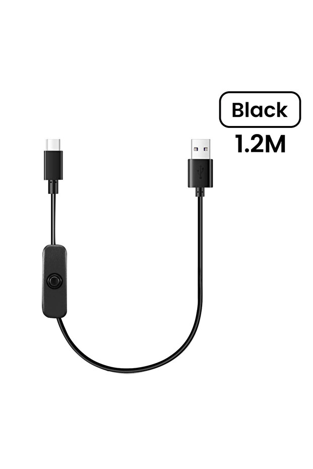 كابل شحن USB إلى Type C أسود بطول 1.2 متر مع مفتاح تشغيل/إيقاف كابل USB إلى C كابل مفتاح طاقة ممتد
