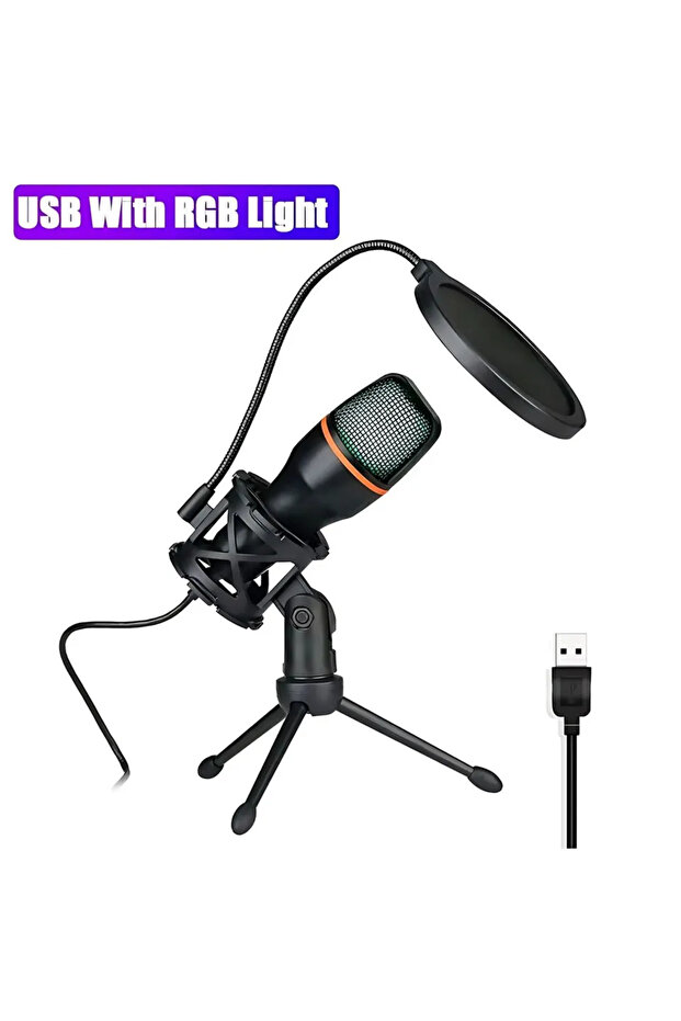 مجموعة ميكروفون مكثف احترافي مزود بضوء RGB ومقبس USB، إضاءة RGB وحامل ثلاثي القوائم، مثالي للاستخدام مع S