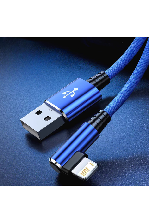 كابل USB سريع الشحن بزاوية 90 درجة باللون الأزرق بطول 1 متر لأجهزة iPhone 13 و 14 Pro Max و 11 و 12 mini و X و XR و XS و 6S و 7 و 8 P
