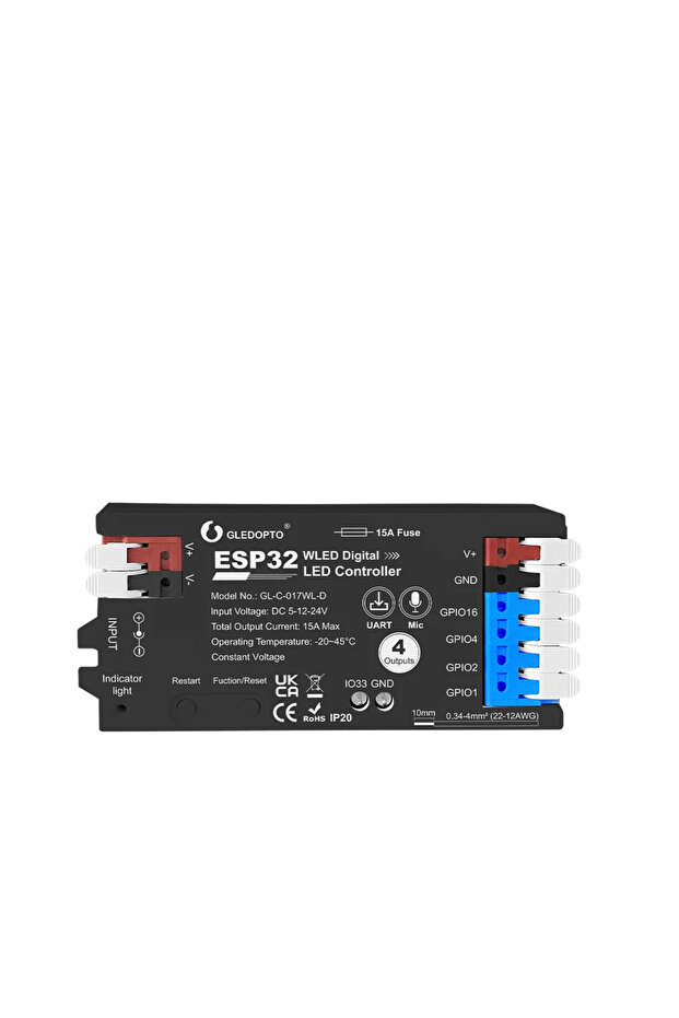 وحدة تحكم GLEDOPTO ذات 4 قنوات ESP32 WLED بعمر افتراضي سنتين، هيكل أسود، موديل 017WL-D، محول مستوى الفيوز UAR