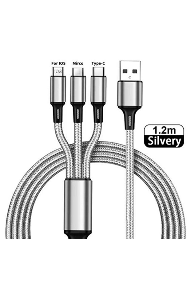 كابل فضي 3 في 1 كابل شحن سريع USB ثلاثي الوظائف، كابل شاحن متعدد C-type Micro IOS، Nyl