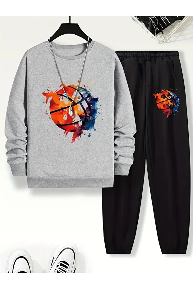 Children's Printed Crew Neck Sweatshirt and Sweatpants Set 3 Thread Raster for Autumn/Winter