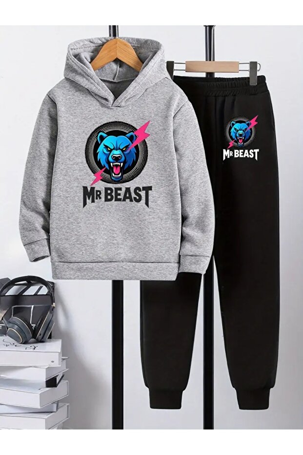 Children's Printed Hooded Sweatshirt and Tracksuit Set 3-Thread Brushed Inside for Autumn/Winter