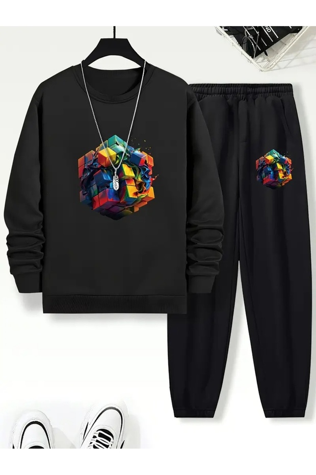 Children's Printed Crew Neck Sweatshirt and Sweatpants Set 3 Thread Raster for Autumn/Winter