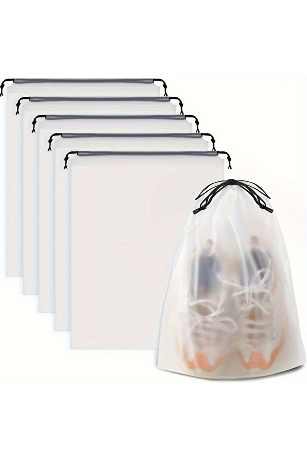 5PC WHITE 5pcs Clear Drawstring Shoe Bags, Waterproof & Dustproof - Ideal for Travel & Packing, Por