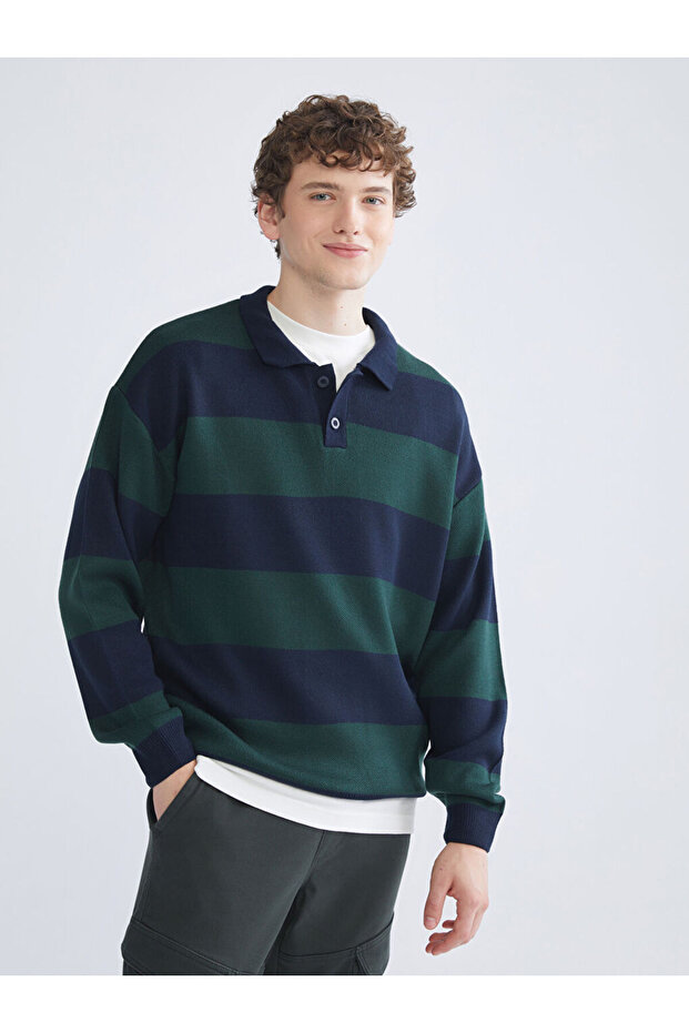 Esvab • Modern & Distinctive Devrik Roba Collar Long Sleeve Striped Men's Knitwear Sweater