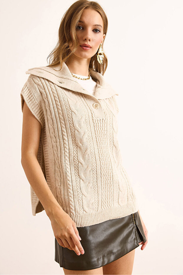 Women's Stone Wide Collar Buttoned Knitwear Sweater Svt-00000050