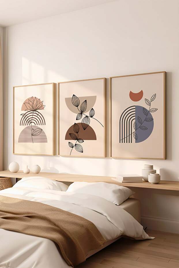 3 Piece Natural Color Real Wood Framed Painting Set - Model 14