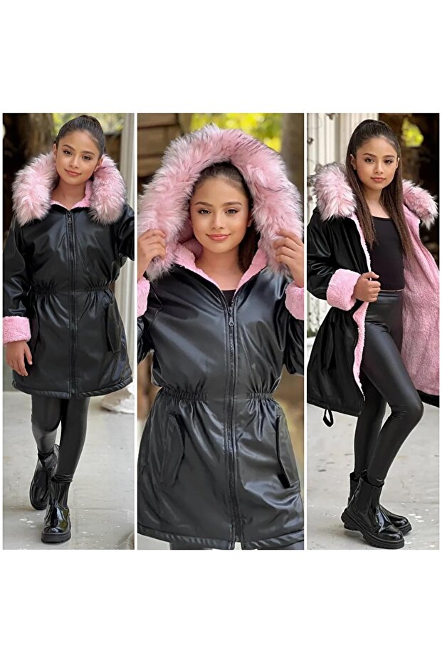 Genuine Imported Fur Hooded - Plush Inside - Winter Girl's Leather Black Coat