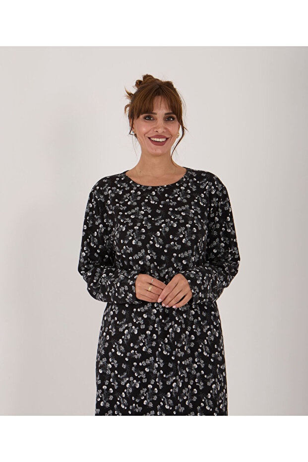 100% Cotton Oversized Printed Cycling Collar Long Sleeve Home Dress