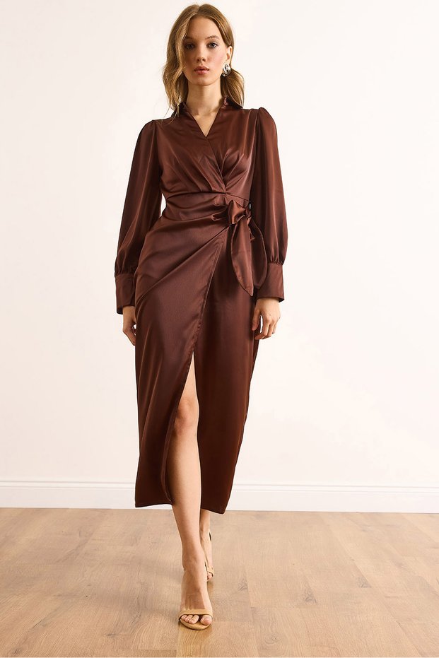Women's Brown Side Tie Detail Double Breasted Maxi Satin Dress Elb-19002538