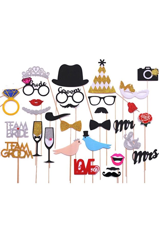 31PCS Creative Wedding Party Handheld Photo Props Bride and Groom Team Shooting Decorations Funny Bi