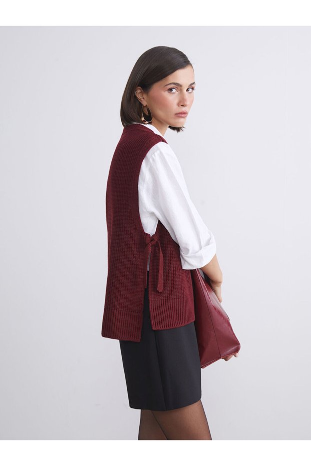 Burgundy Crew Neck Women's Knitwear Sweater
