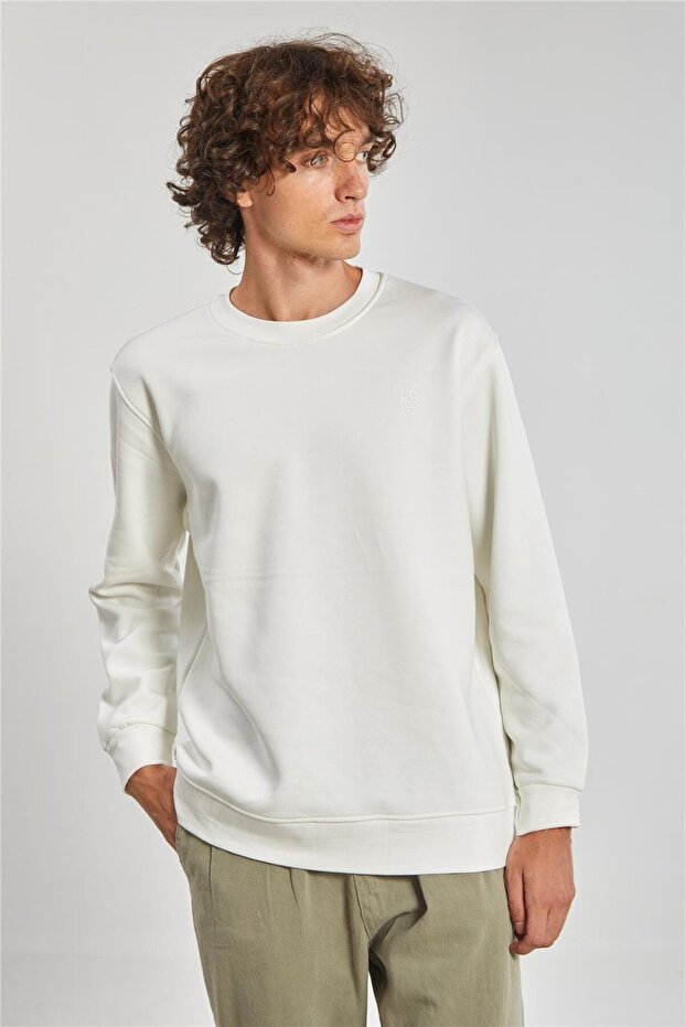 Crew Neck Logo Men's Sweatshirt - Ecru