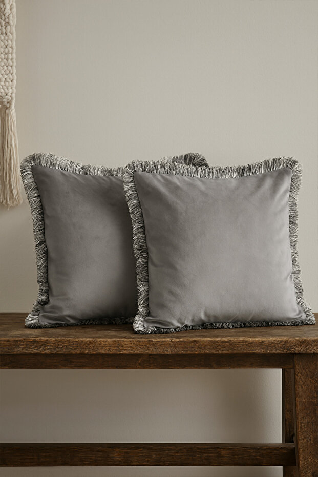 Decorative Fringed Set of 2 Throw Pillow Covers Gray 43X43