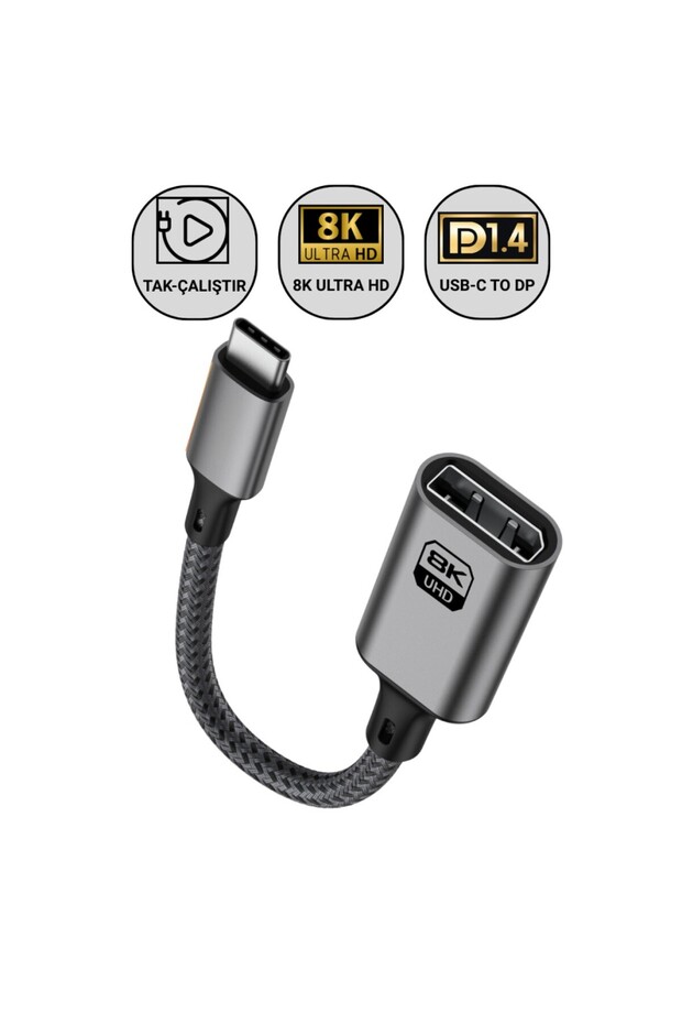 Type C To Displayport Adaptör 8K UHD 60Hz | Dayanıklı Örgü Kablo | Tak-Çalıştır 8K DP Kablosu - 1