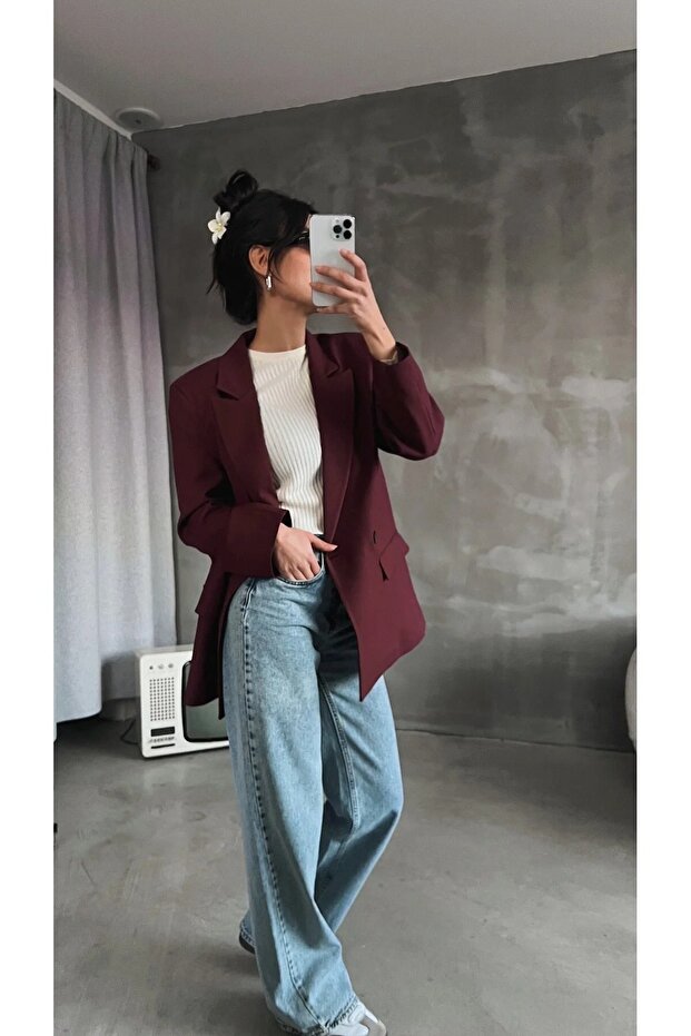 Çift Düğmeli Oversize Blazer Ceket - 3