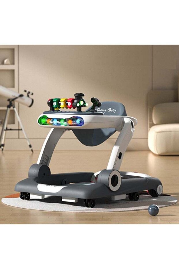 Multifunction Anti-O Shaped Leg Newborn Baby Walkers with Music Lights and Wheels - Gray
