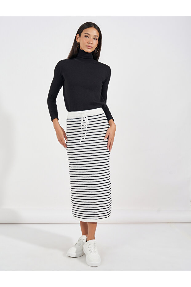 Striped Knit Midi Skirt with Drawstring