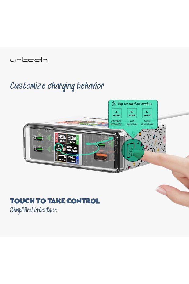 URTECH 130W GaN Desktop Charger | Interactive Smart Display & Touch Control | Premium Multi-Device C - 5