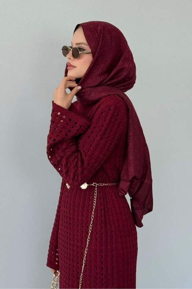 Women's Openwork Detailed Pleated Knitwear Midi Dress