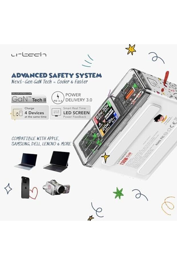 URTECH 130W GaN Desktop Charger | Interactive Smart Display & Touch Control | Premium Multi-Device C - 8