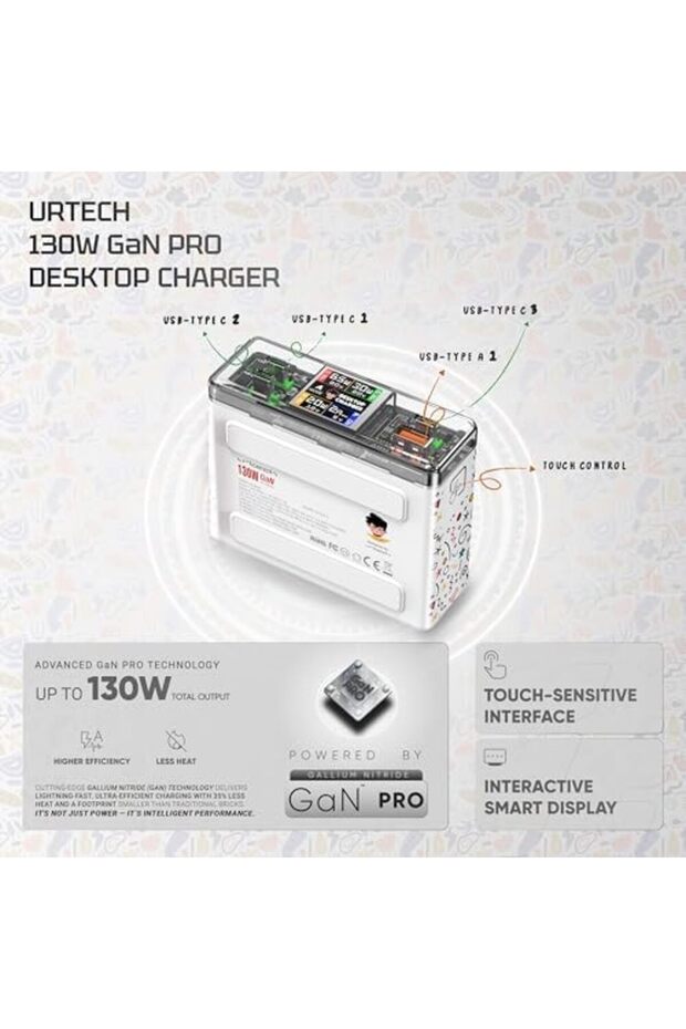 URTECH 130W GaN Desktop Charger | Interactive Smart Display & Touch Control | Premium Multi-Device C - 4