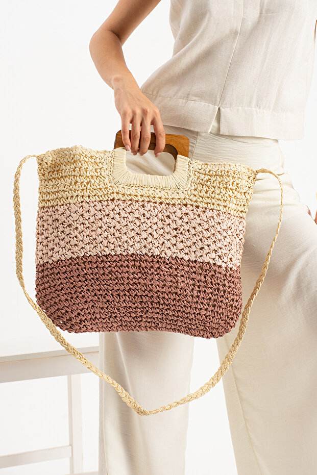 Dune Tahta Saplı Hasır Çanta PEMBE 35001 - 1