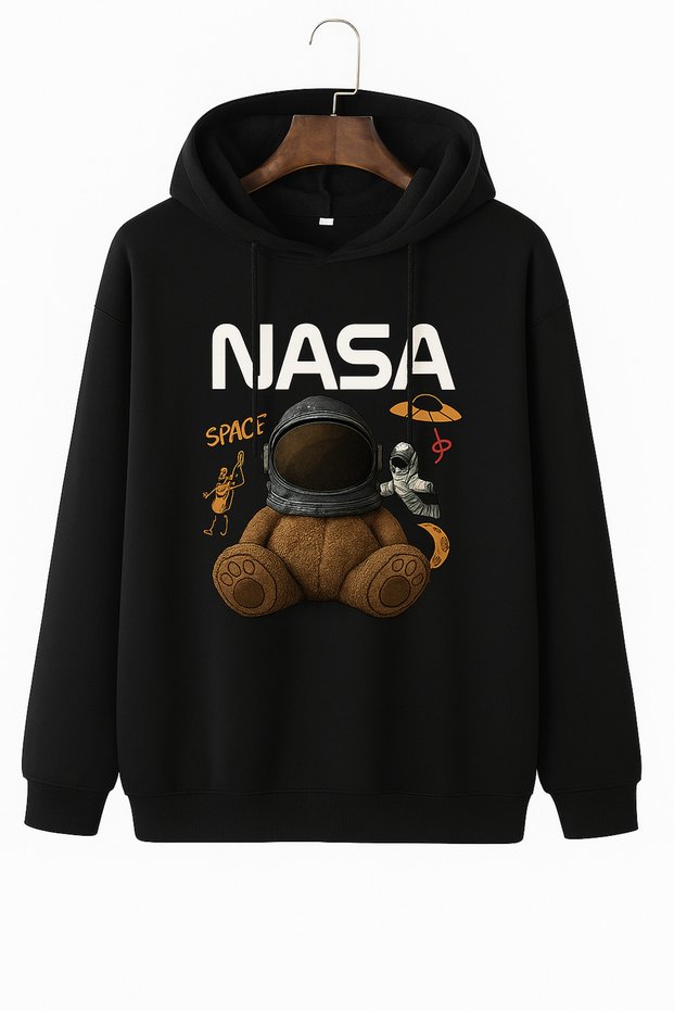 3 Yarn Combed Unisex Black Nasa Teddy Bear Printed Hooded Sweatshirt