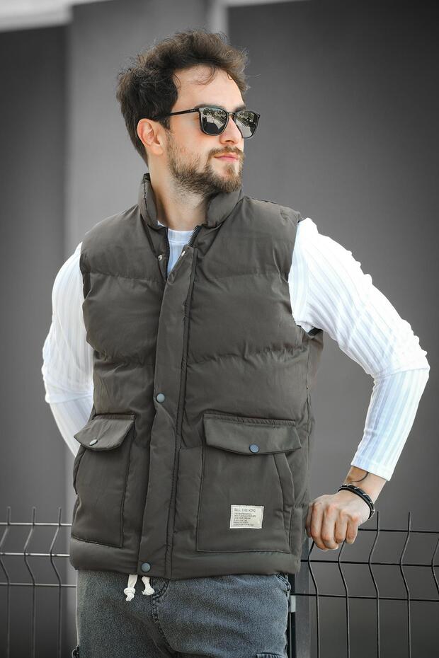 Octave Men's Puffer Vest with Waterproof Hooded Pocket and Label Detail Stand Collar
