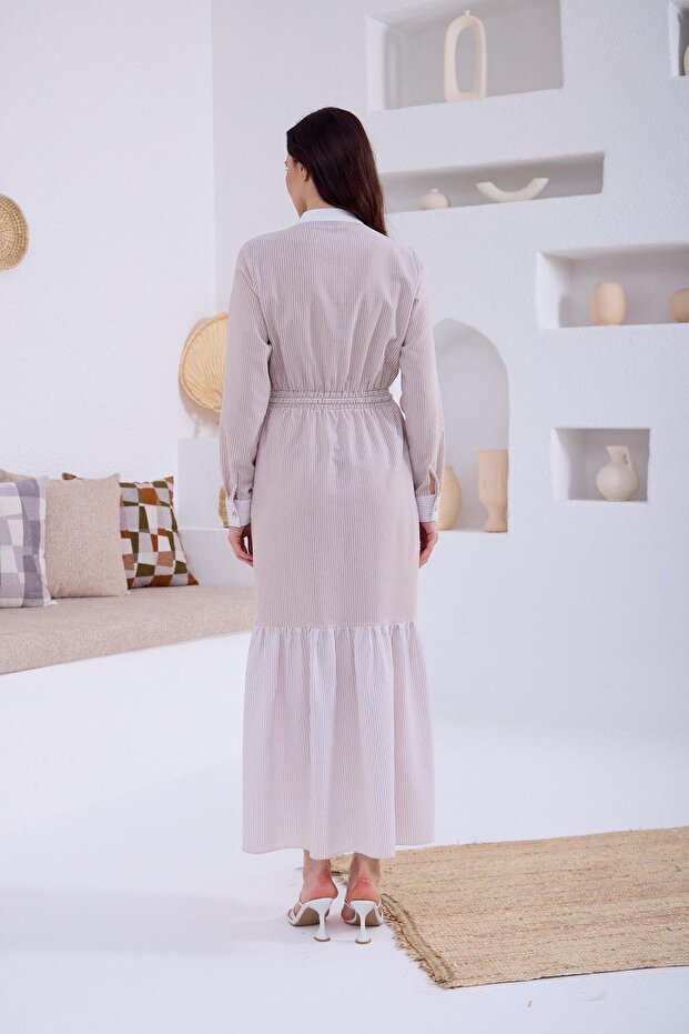 AKSESUAR DETAYLI ÇİZGİLİ ELBİSE - 5