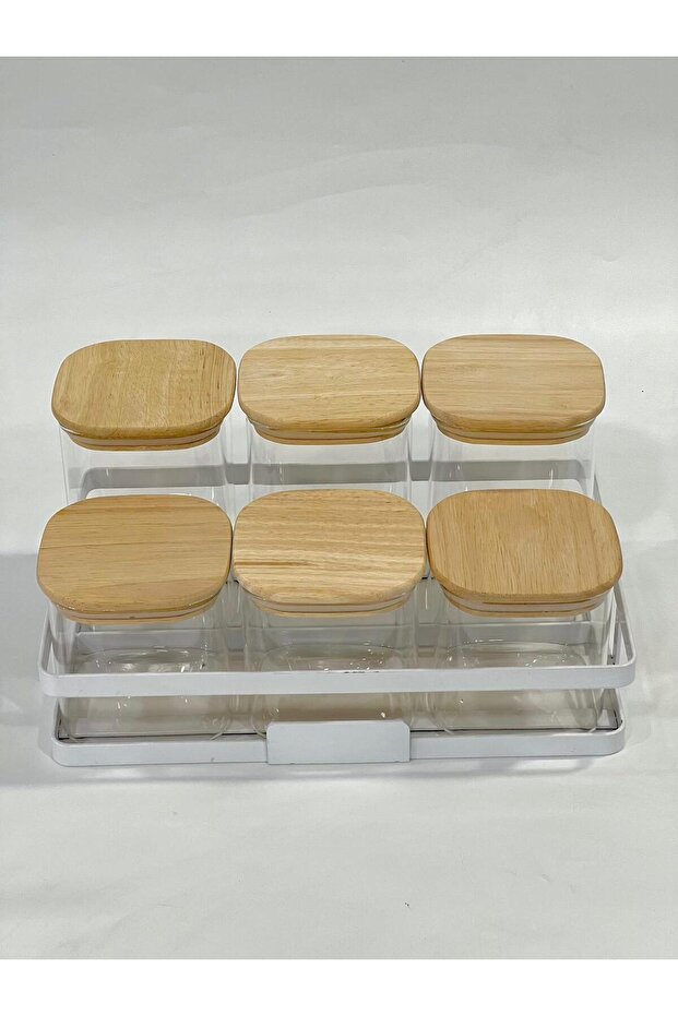 Glass Spice Jar Set with Bamboo Lids – Set of 6 Square Jars with Stands, Kitchen Organizer