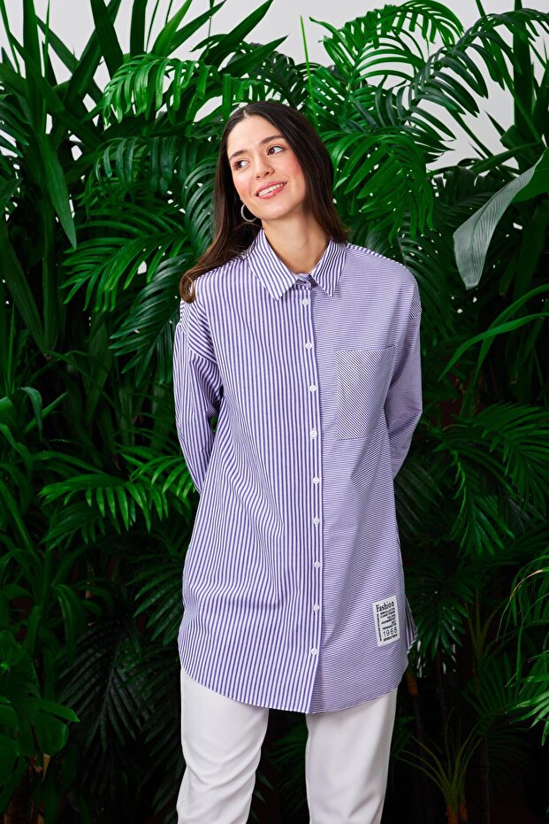 ASİMETRİK ÇİZGİLİ PAMUKLU GÖMLEK - 3